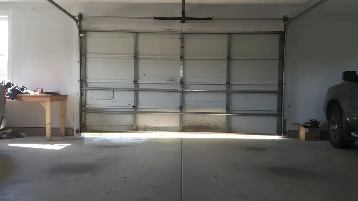 The white garage door is partially open, showing the torsion spring and tracks.