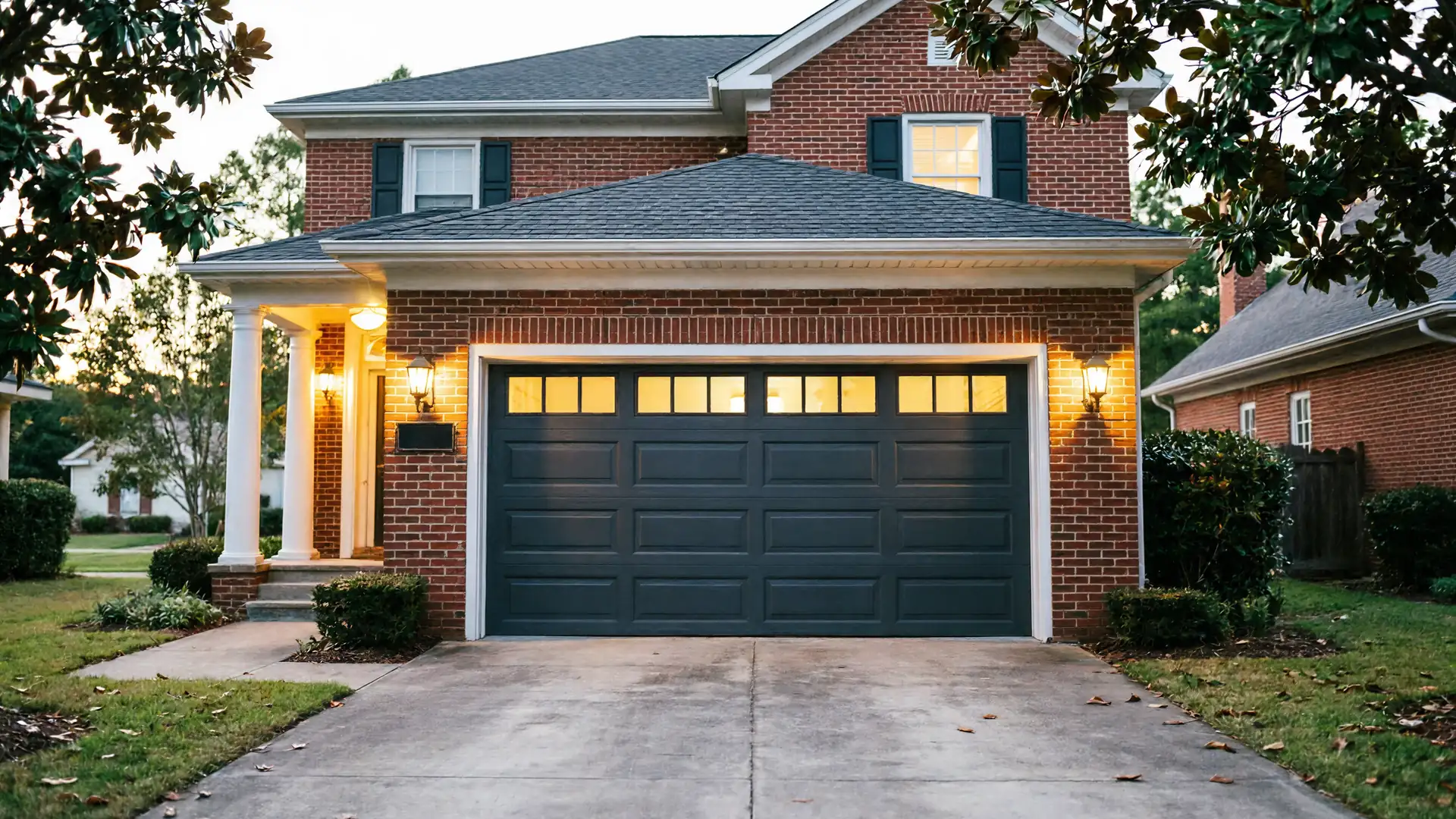 The house has a dark gray garage door with windows and brick walls.