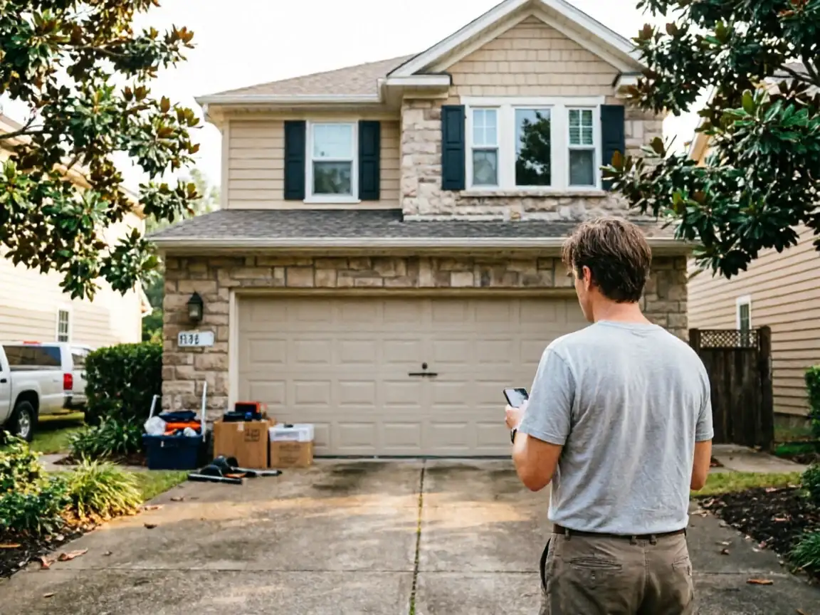 A man stands in a driveway looking at his phone in front of a house.
