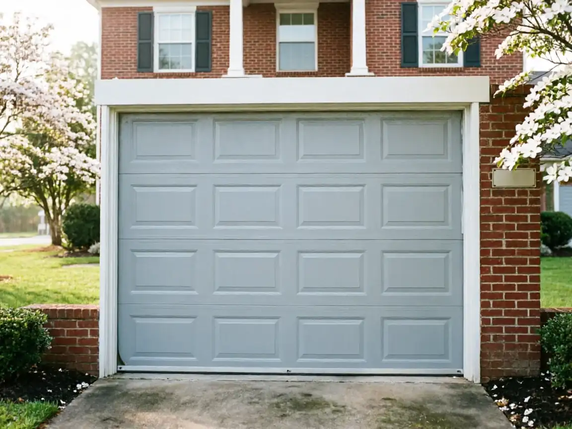 A light gray garage door is on a brick house with white trim.