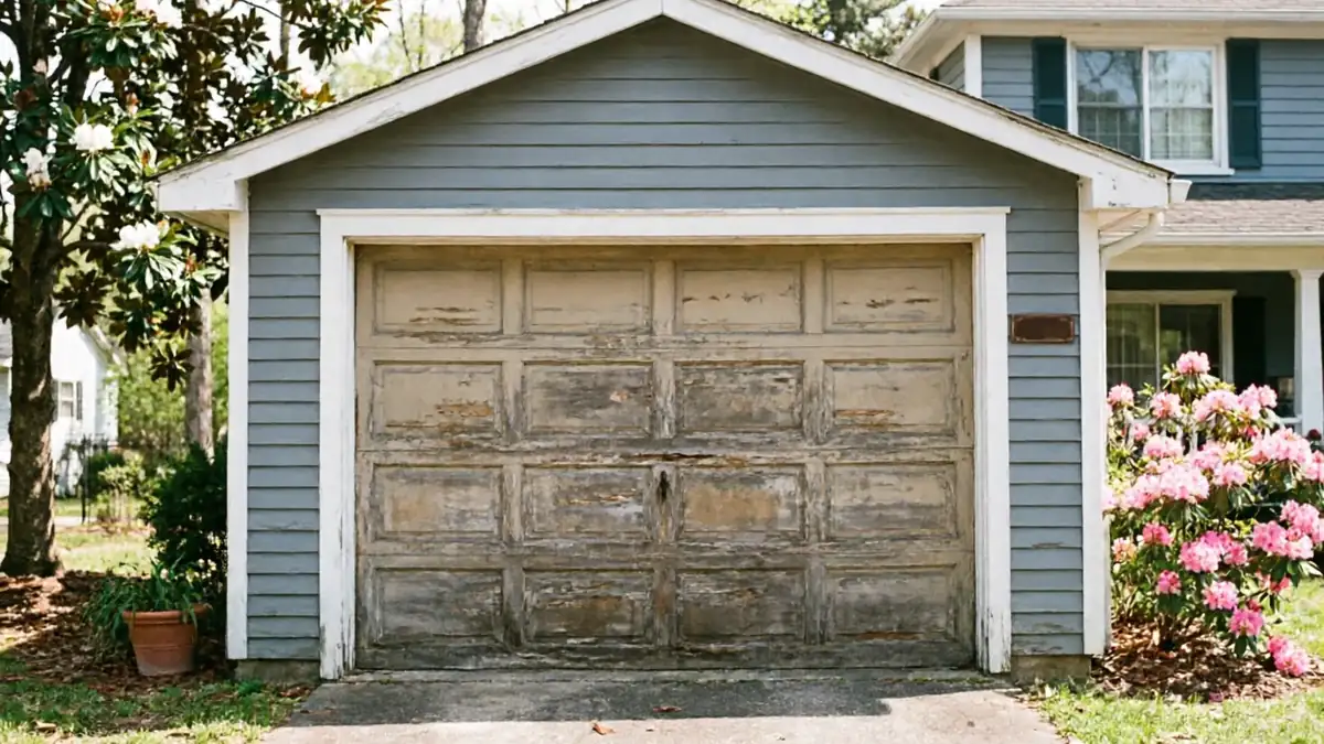 The garage door is old and peeling, set in a blue house with white trim.