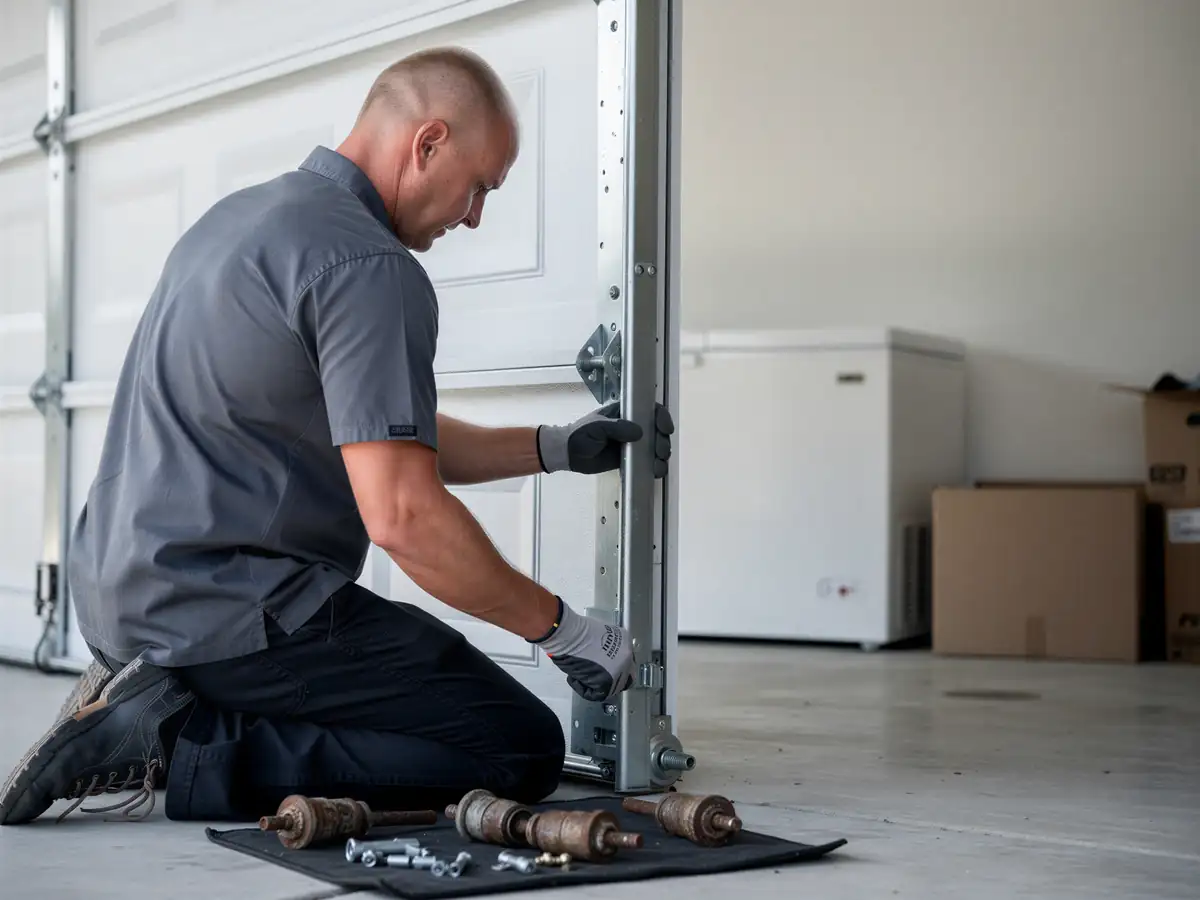 A technician kneels, working on the bottom panel of a white garage door.