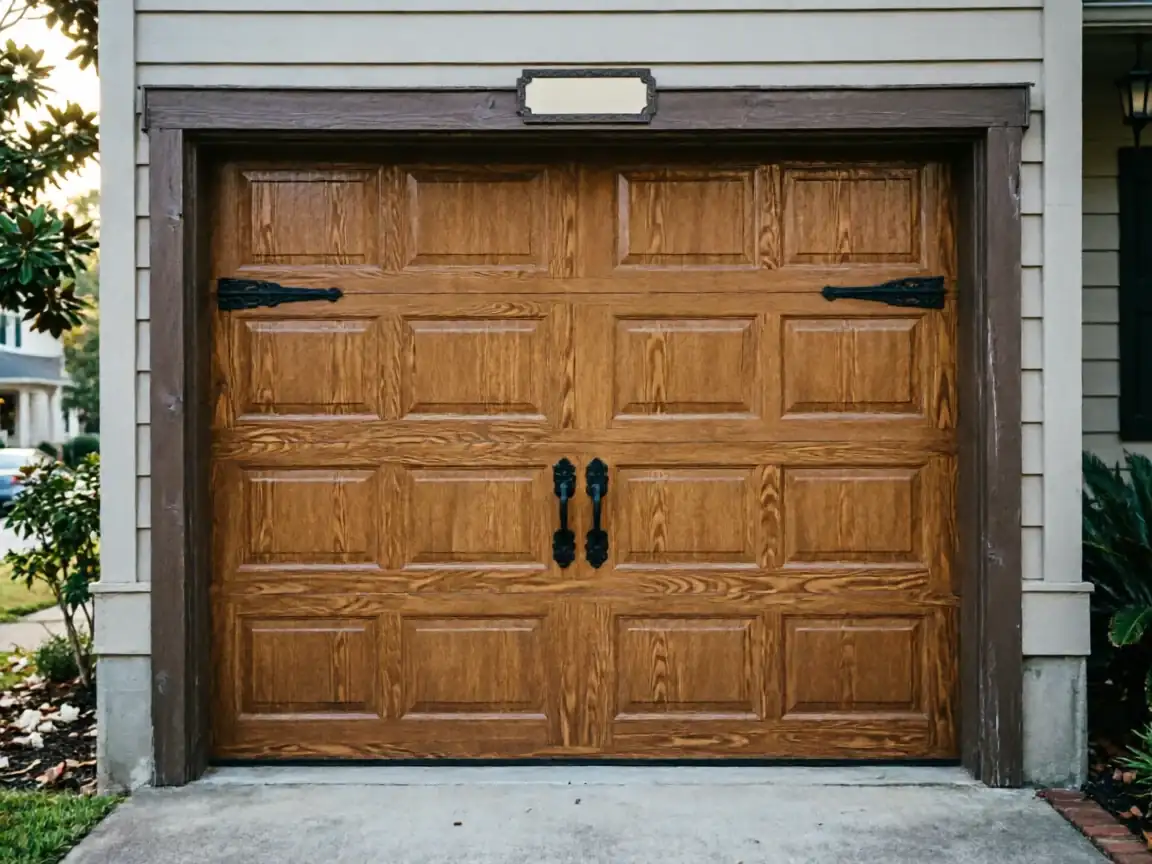 A brown wooden garage door with decorative black hardware is on a house.